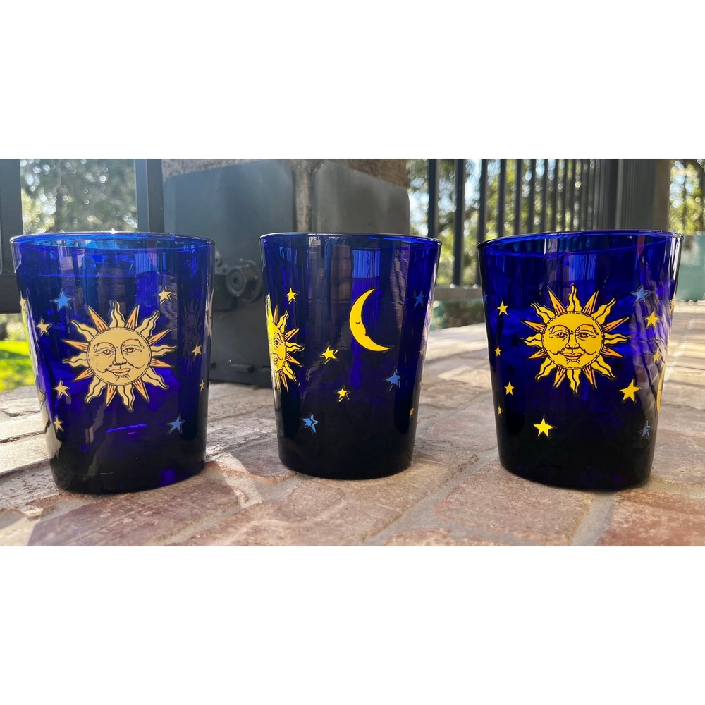 Libbey celestial cobalt stars and moon 6 lowball tumblers vintage